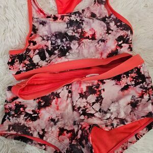 Women's Pink and Black Tie-Dye Sports Bra and Shorts Set
